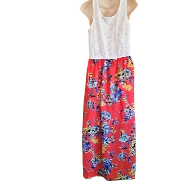 Speed Control Floral Red Maxi Skirt White lace top sleeveless - Picture 3 of 9